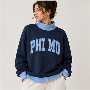Sudadera de cuello redondo para mujer Phi Mu, azul marino con ribete de lunares, de algodón tejido, holgada, transpirable y cómoda, con cuello simulado. - Product Image 1