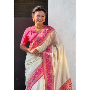 Sari en soie crème Gala avec pallu Paithani, Kadiyal Zari tissé, robes de soirée élégantes - Product Image 2