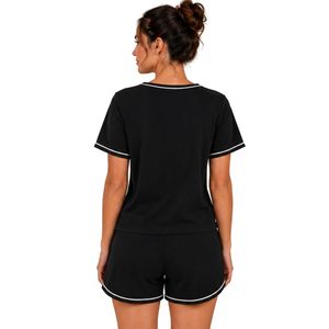 Black And White Women Two Piece Shorts Set Round Neck Button <b>Top</b> Minimal Flower Embroidery Casual Summer Cotton Lounge Wear - Product Image 2