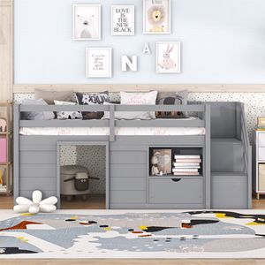 Letto a soppalco basso in legno massello per bambini, con scaletta e cassetto, colore grigio - Product Image 6