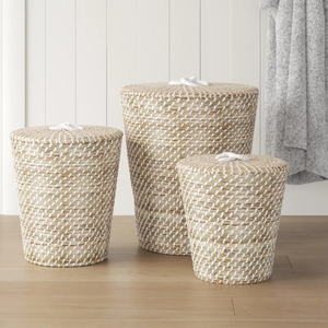 Woven Set of 3 Nesting Seagrass Laundry <b>Basket</b> <b>with</b> <b>Lid</b> Tapered Cylindrical Laundry Storage <b>Basket</b> from Vietnam - Product Image 4