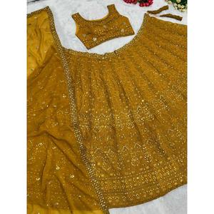 FANCY GEORGETTE EMRBOIDERY SECUENCIA CON ESPEJO REAL TRABAJO LEHENGA CHOLI CON DUPATTA AMARILLO - Product Image 6