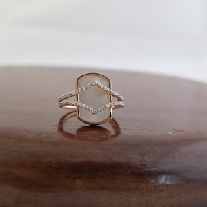 18K Solid Rose Gold Natural Stone Diamond Halo <b>Ring</b> Geometric Hexagon Design Elegant <b>Statement</b> Cocktail <b>Ring</b> for Women - Product Image 3