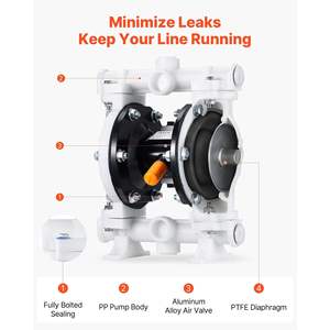 Pompe à double diaphragme pneumatique de 4,4 GPM, 1-1/2 pouce, max 100 PSI, corps en polypropylène pour kérosène, huile usagée, pièces pneumatiques - Product Image 2