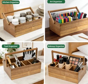 Acacia Wood Cutlery Organizer <b>Caddy</b> with Handle Rustic Flatware Storage Box for <b>Kitchen</b> Counter Dining Table Picnic and Buffet - Product Image 4