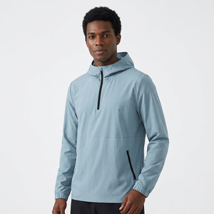 Men's Light Blue Hooded Quarter-Zip Windbreaker Jacket Quick Dry Eco-Friendly Sporty Fit Front <b>Nylon</b>/Cotton Material Autumn - Product Image 2
