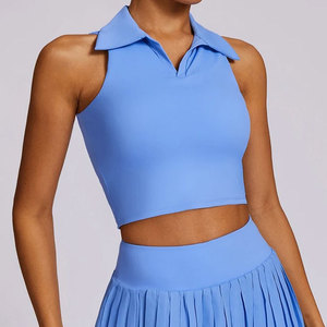 High Stretchy <b>Polo</b> Collar T-Shirt <b>Ladies</b> Crop Top Sleeveless Breathable Training Outdoor Running Custom Color Crop Tee - Product Image 6