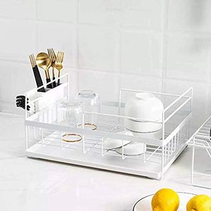 Égouttoir à vaisselle blanc à 2 niveaux en fil métallique avec porte-couverts, organisateur de comptoir de cuisine pour bols, assiettes et tasses - Product Image 3