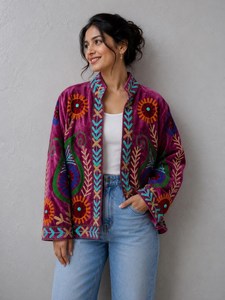Indian Artisan Statement Outwear Handmade Luxurious <b>Velvet</b> Suzani Jacket Modern Bohemian Style Bold Floral Embroidered <b>Coat</b> - Product Image 1