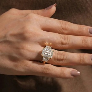 Luxury 14KT Yellow White Rose Gold Emerald Cut Three Stone Diamond <b>Ring</b> Bridal Engagement Fine Jewelry - Product Image 6