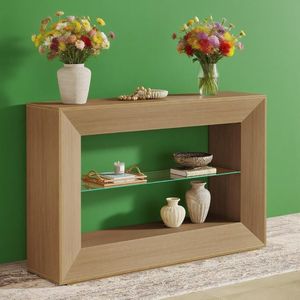 Consolle da 55 pollici a 3 livelli in stile rustico con ripiano in vetro, elegante tavolo da divano - Product Image 4