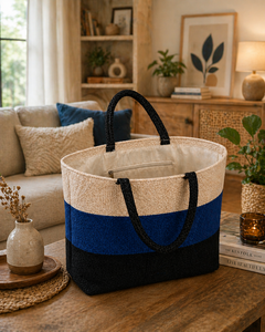 Bolsa de Yute Premium Tricolor Azul, Negro y Blanco con Asas Negras |   Bolsa de Transporte Ecológica y Elegante para Uso Diario - Product Image 2