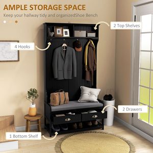 Black Hall Tree Organizer with 4 Hooks and 2 Drawers Coat Rack and <b>Padded</b> <b>Bench</b> for Home Entryway Furniture - Product Image 4