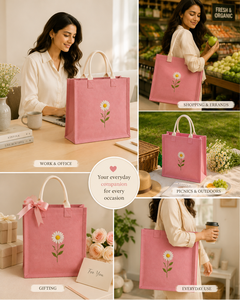 Pink Jute Tote Bag With <b>Daisy</b> Embroidery Medium Size Hand Carry Shopping Bag - Product Image 3