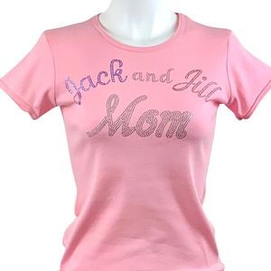 Pink Short Sleeve Crew Neck <b>T</b> <b>Shirt</b> Featuring Jack and Jill Mom Embroidered Text Graphic Women's Stylish Everyday Casual Fashion - Product Image 1