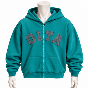 Teal Mens <b>Zip</b> Up <b>Hoodie</b> Chenille Letter Patch Heavyweight Fleece Oversized Casual Streetwear Sweatshirt with Kangaroo <b>Pockets</b> - Product Image 1