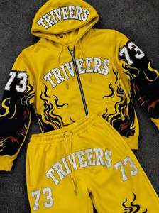 Wholesale Triveers 73 Flame Edition Premium Yellow Oversized Zip Hoodie & Wide Leg Jogger Tracksuit Set – Luxury Streetwear 2026 - Product Image 5