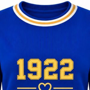 Suéter Azul Rey Sigma Gamma Rho 1922 con Bordado de Número Dorado, Diseño de Corazón, Rayas Blancas y Doradas, Cuello Redondo, Prenda de Punto para Mujer - Product Image 2