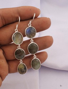 Boucles d'oreilles pendantes vintage en argent sterling 925 avec labradorite naturelle, sertissage clos, pour fiançailles, mariage, multi-pierres, cadeau unisexe pour femme - Product Image 2