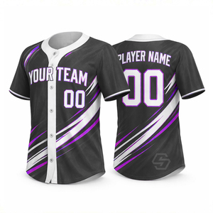 Maillot de baseball personnalisé sublimé 100% polyester noir bleu blanc rayé à manches courtes avec boutons sur le devant, vêtements de sport respirants - Product Image 4