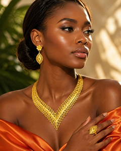 Luxury African V Shape Gold Plated Jewelry Set for Women Bridal Earrings Ring Fashion Necklace - Product Image 3