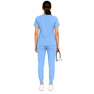 Women Scrub <b>Set</b> V Neck Short Sleeve Top Cuffed Jogger Pants Solid Color Medical Uniform Hospital Wear Blue - Product Image 2