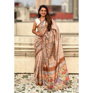 Sari en soie Katki marron à imprimé floral Elite Weaves avec bordure à passepoil, robes de cocktail élégantes 450g - Product Image 4