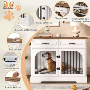 Cuccia per Cani in Legno Stile Rustico da 110 cm con 2 Cassetti Contenitori, Ciotole Girevoli per Cibo, Gabbia con Barre Metalliche di Sicurezza, Arredamento per Animali Domestici - Product Image 4