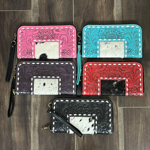 Women Fashionable Hand Tooled <b>Red</b> Floral Leather Zipper <b>Clutch</b> Stylish Cowhide Leather RFID Blocking Slim Wristlet Wallets - Product Image 3