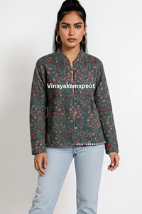 Veste Bohème Matelassée en Coton Doux et Respirant avec Broderie Imprimée Flock et Motifs Floraux Verts – Confortable et Écologique pour l'Hiver - Product Image 4
