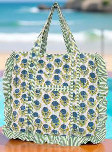 Women's Spring Summer Fashion <b>Large</b> Cotton Quilted Tote <b>Bag</b> with Zipper Closure Block Printed Frills for Tour Travel Solid Color - Product Image 5