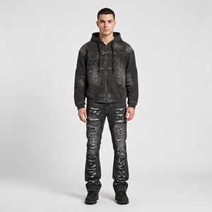 Men's <b>Black</b> Washed tracksuit <b>Hoodie</b> and Distressed Jeans Set Vintage Streetwear Outfit with Graphic <b>Zip</b> <b>Up</b> Jacket - Product Image 1