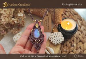 Rainbow Moonstone Macrame <b>Statement</b> Pendant Mauve Hand-Woven Crystal <b>Necklace</b> Spiritual Boho Jewelry - Product Image 4