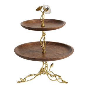 <b>Set</b> Of 2 Handcrafted Acacia Wood <b>Cake</b> <b>Stand</b> With Brass Mushroom Decor Round Pedestal Dessert Display Riser For Home Kitchen - Product Image 3