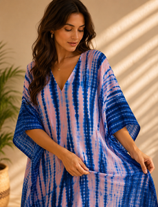 Pure Cotton Blue Pink Tie Dye Handmade Eco-Friendly Boho <b>Kaftan</b> Maxi Dress Women V Neck <b>Beach</b> Cover Modern Fit All Seasons - Product Image 6