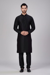 Men's Wrinkle Free Dupion <b>Silk</b> Kurta Pajama Set <b>Black</b> | Indian Ethnic Wear for Wedding & Diwali | Size 36-50 | Wholesale - Product Image 1