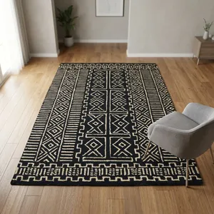 HILTEX Hand Tufted Modern Geometric Jute Eco-Friendly Cushioned Area <b>Rug</b> Rectangle <b>Black</b> Beige Low Pile Non-Slip Latex Backing - Product Image 1