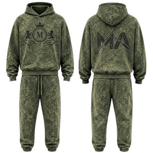 Conjunto Deportivo de Algodón Lavado al Ácido para Hombre, Pantalones Largos con Capucha y Cordón Ajustable, Logotipo con Pedrería, Estilo Casual Otoñal - Product Image 1