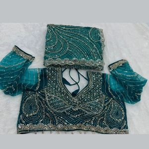 Sari de soirée en tissu fin de qualité supérieure, orné de perles, de paillettes et de broderies de perles, avec un chemisier confectionné par des designers, par Royal Export. - Product Image 1