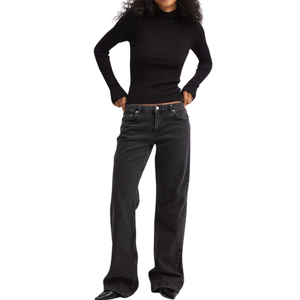 Jean en denim noir coupe boyfriend pour femme, taille mi-haute, jambe large, décontracté, respirant, tendance, broderie ODM - Product Image 5