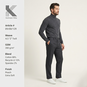 Custom <b>Mens</b> Charcoal Grey Twill Pants Recycled Cotton Blend 280 GSM Peach Extra Soft <b>Stretch</b> Trousers Smart Casual - Product Image 3