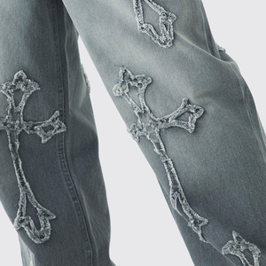 Men's Stonewashed Denim <b>Jeans</b> With <b>Embroidered</b> Cross Design Loose Fit Streetwear Style Mid Waist Straight Leg Cotton Fabric - Product Image 3