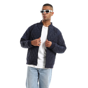 Men's Quilted Bomber Jacket Solid Navy Blue <b>Covered</b> <b>Button</b> Closure Casual Winter Wear Regular Fit 100% Wool Outerwear Patchwork - Product Image 2