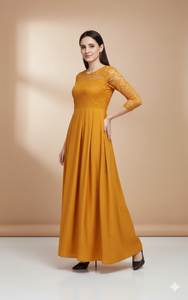 Robe longue jaune premium pour femmes en tissu Georgette avec col rond intérieur et manches 3/4 – Qualité export en gros - Product Image 3