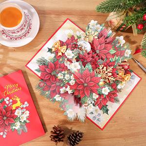 Carte de vœux pop-up florale de Noël Viet-craft, en carton découpé, motif poinsettia et flocon de neige, impression numérique, rectangulaire - Product Image 4