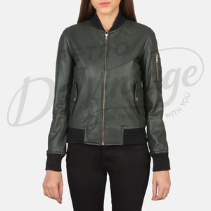 Women Dark Green Real <b>Leather</b> Bomber <b>Jacket</b> Slim Fit MA1 Style Premium Sheepskin Casual Winter Varsity Outerwear - Product Image 3