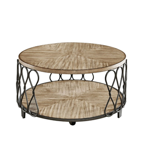 Mesa de centro redonda de madera y metal hecha a mano con tablero de madera con acabado natural, utilizada como mueble decorativo para la sala de estar. - Product Image 4