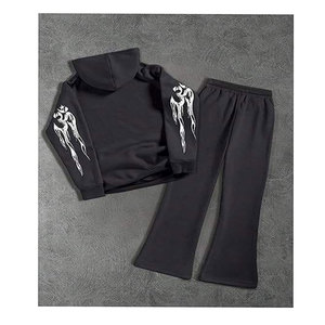 Ensemble de survêtement pour homme, noir, style hip-hop, sweat-shirt à capuche, pantalon évasé, Y2K, coton/fibre de bambou, ensemble d'automne - Product Image 2