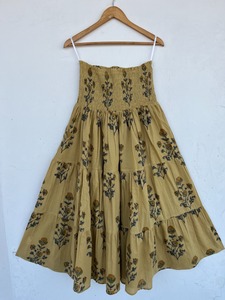 Premium Mustard Cotton Maxi Skirt Floral Hand Printed Smocked Waist Multi Tier Flared Summer Holiday Beachwear for Women - Product Image 4