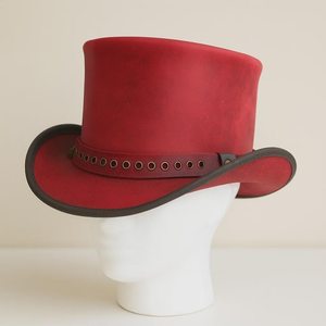 Premium quality custom made Handmade Red Leather Top <b>Hat</b> With Eyelet <b>Band</b> Gothic Steampunk Style - Product Image 1
